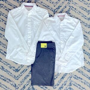 2 White Boys Oxford Shirts (size 14 & 16) with NWT Gray Golf Shorts (size L)